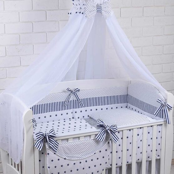 Комплект детской постели из 8 элементов — Asik Синие звёзды и полоска
