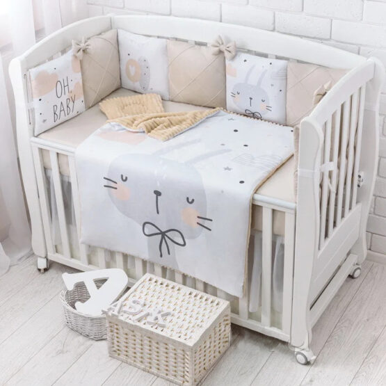(RU) Комплект детской постели из сатина „Asik” Усатый зайка серо – бежевый