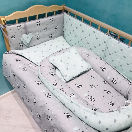 Комплект детской постели 9 элементов Панда ментол