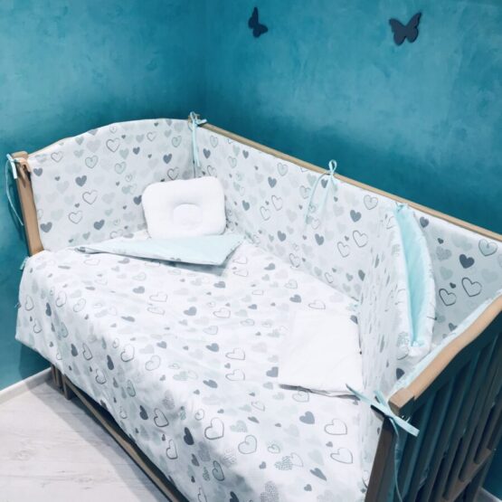 Комплект детской постели 6 элементов Сердечки ментол BTD