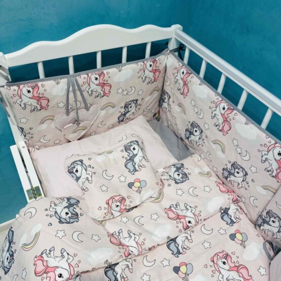 Комплект детской постели 8 элементов — Единороги розовые PM