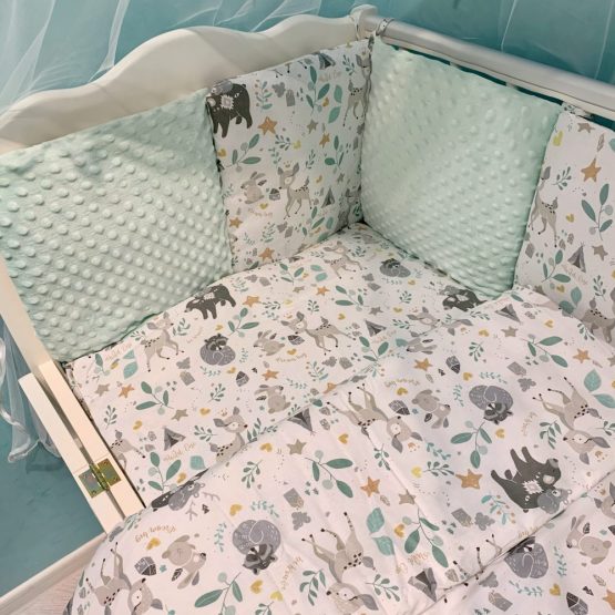 Комплект детской постели 8 элементов «Веселый Лес»  ментоловый Holala Kids