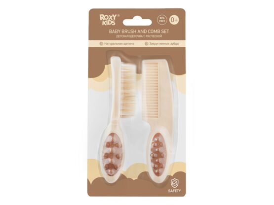 Pieptene-perie pentru bebelusi Roxy Kids, perii naturale, Bej (RBH-001)