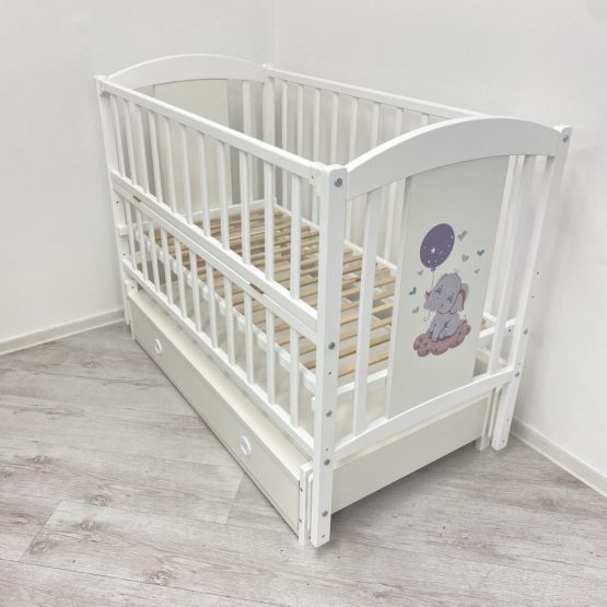 Детская кроватка Кузя Слоник с ящиком, цвет Белый