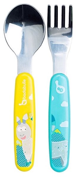 Set lingurita si furculita de inox Badabulle Blue Chamois