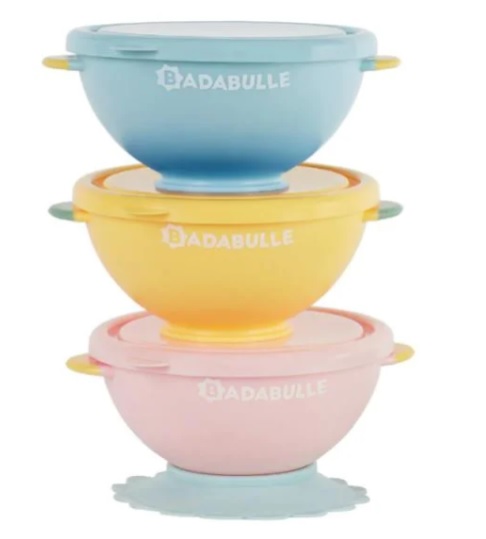 Набор из 3 цветных мисок для еды Badabulle с подставкой в комплекте (B005108)
