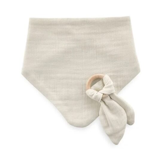 Set baveta cu doua fete din muselina cu jucarie dentitie BabyJem Ecru (736)