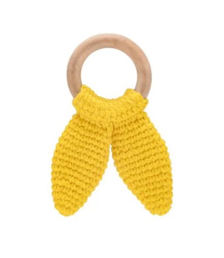 Jucarie dentitie din bumbac cu inel din lemn BabyJem Galbena (651)