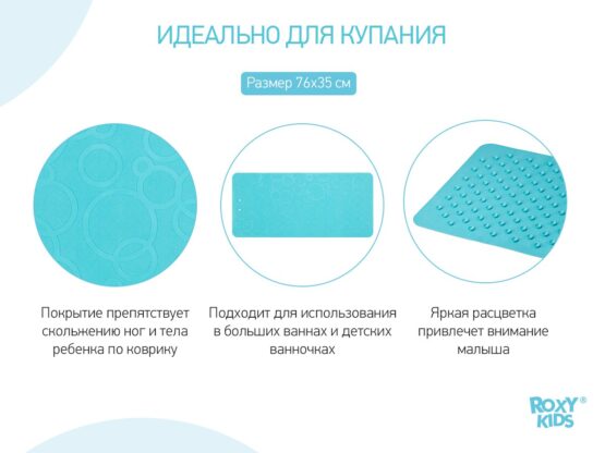 Covoras de baie din cauciuc anti-alunecare Roxy Kids 3576cm, Acvamarin (BM-M188-1AQ)