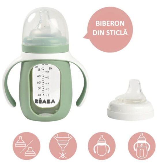 Biberon de invatare 2in1 din Sticla Beaba 210 ml Sage Green