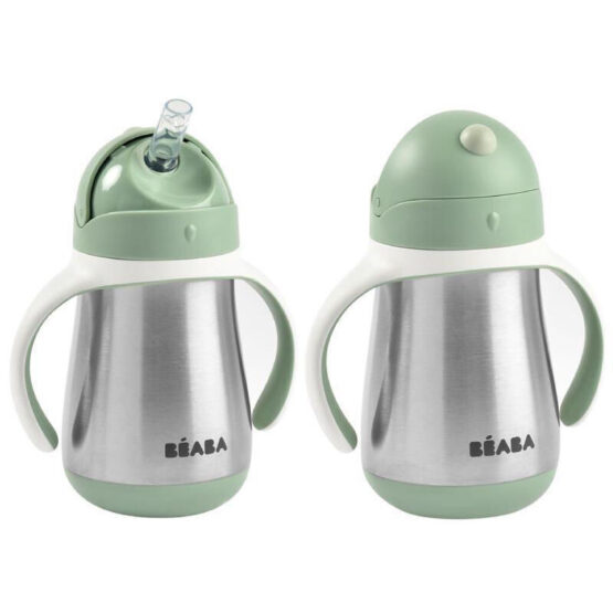 Cana din inox cu pai Beaba 250 ml Sage Green