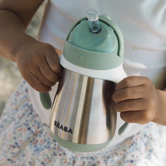 Cana din inox cu pai Beaba 250 ml Sage Green