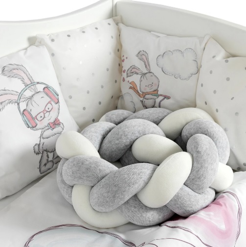 Lenjerie de pătuț PernaMea Cosiță Iepuraș Gri (8 piese), 120x60 cm