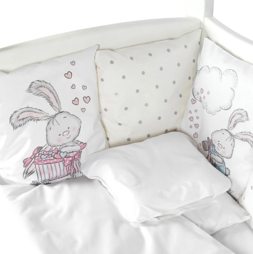 Lenjerie de pătuț PernaMea Cosiță Iepuraș Gri (8 piese), 120x60 cm