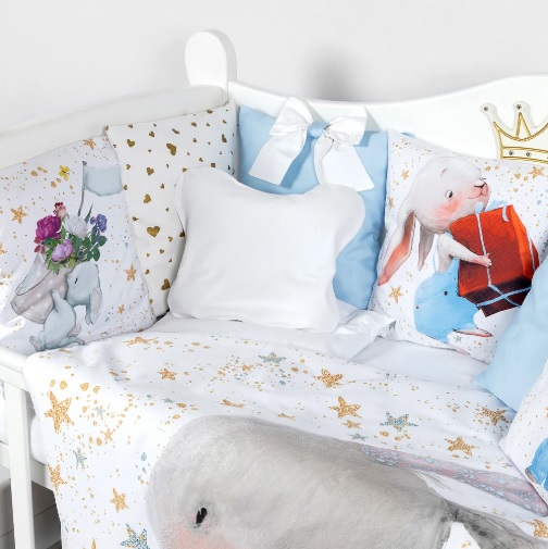 Lenjerie de pătuț PernaMea Premium Iepuraș Albastru (8 piese), 120x60 cm