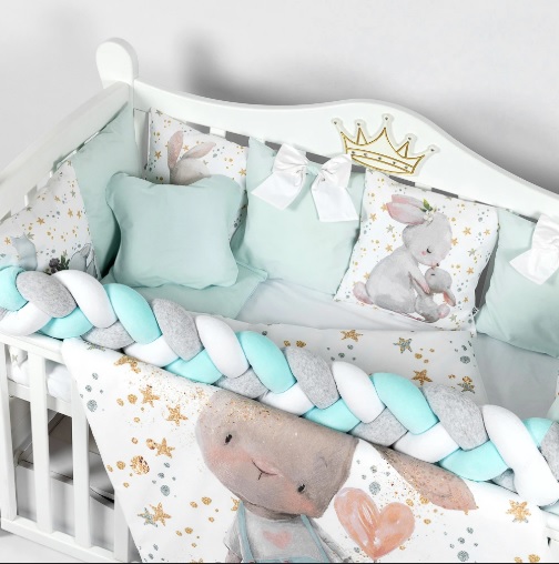 Lenjerie de pătuț 8 piese PernaMea Cosiță Iepuraș Turcoaz