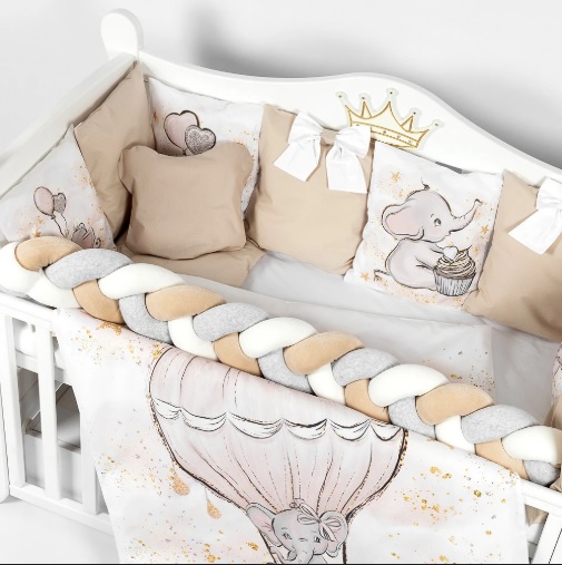 Lenjerie de pătuț PernaMea Cosiță Elefant Maro (8 piese), 120x60 cm