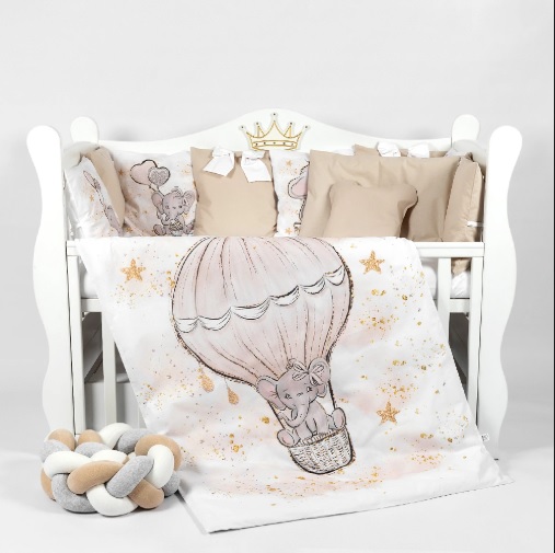 Lenjerie de pătuț PernaMea Cosiță Elefant Maro (8 piese), 120×60 cm (PM.105897/4)