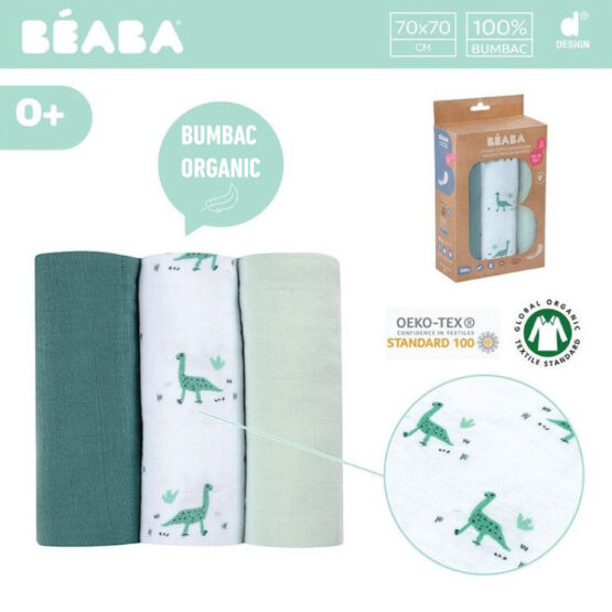 Set 3 Museline Beaba bumbac organic 70×70 cm Jurassic Green B920345