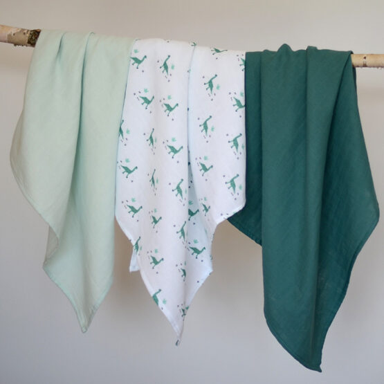 Set 3 Museline Beaba bumbac organic 70×70 cm Jurassic Green B920345