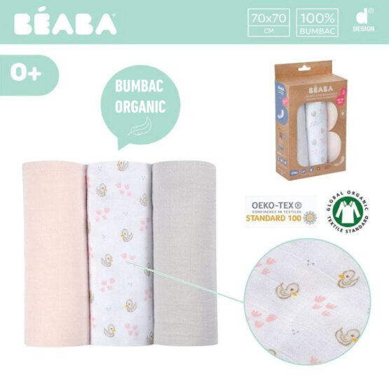 Set 3 Museline Beaba bumbac organic 70×70 cm Swan Pink B920343